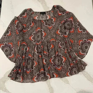 AB Studio Floral Paisley Sheer Blouse Boho Flared Sleeve Women's Large Hippie